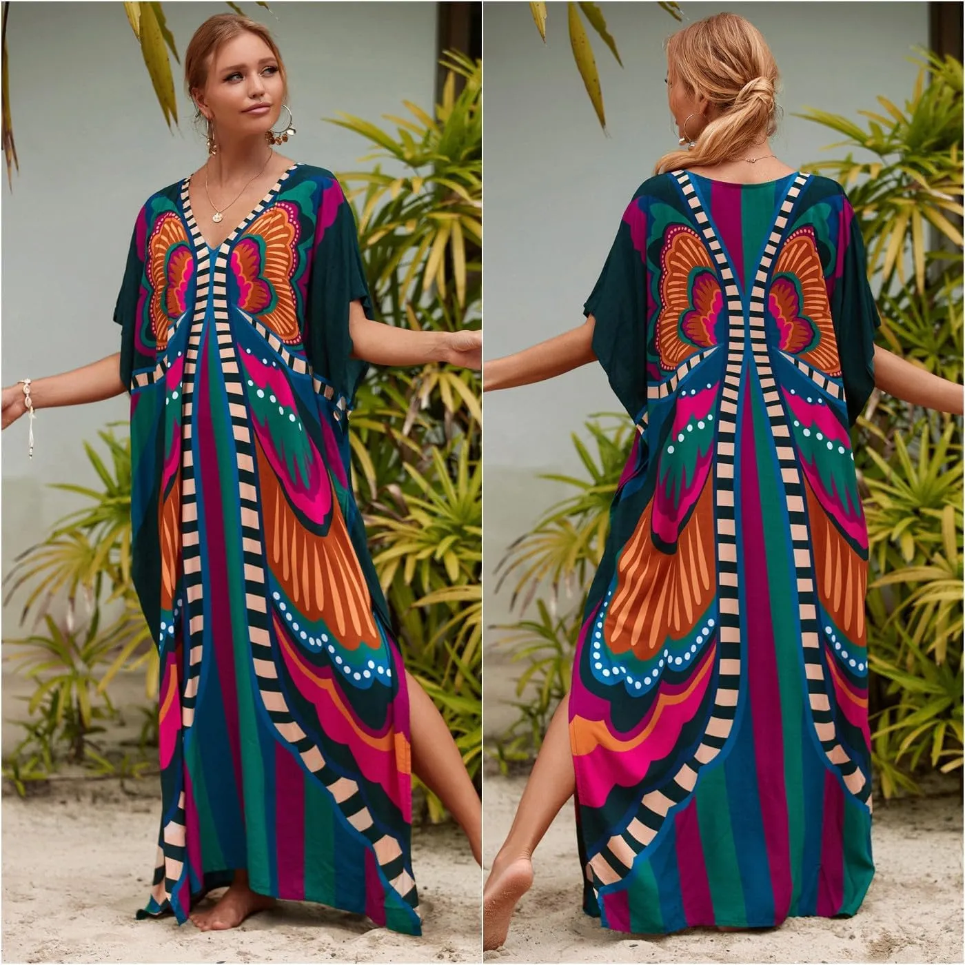 Kaftan Dresses for Women Plus Size Bathing Suit Cover up Batwing Sleeve Caftan Maxi Beach Dress
