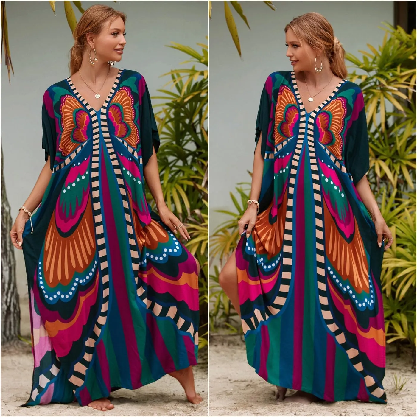 Kaftan Dresses for Women Plus Size Bathing Suit Cover up Batwing Sleeve Caftan Maxi Beach Dress