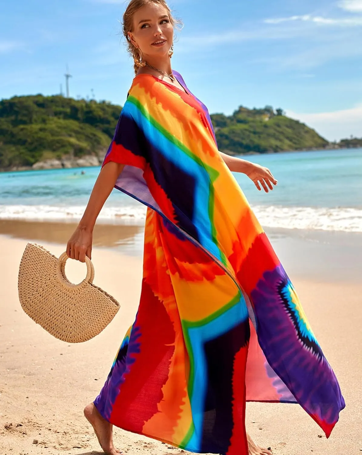 Kaftan Dresses for Women Plus Size Bathing Suit Cover up Batwing Sleeve Caftan Maxi Beach Dress