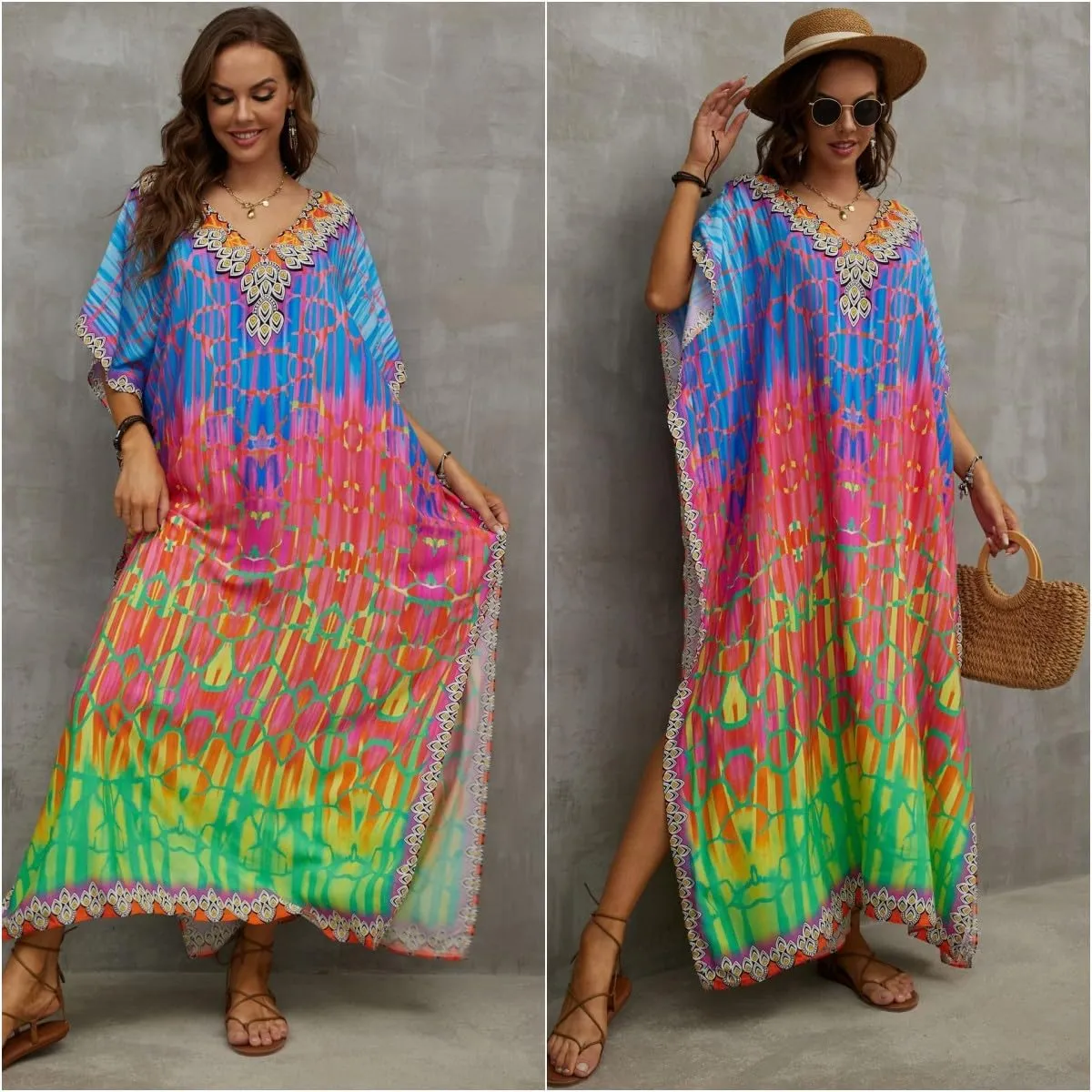 Kaftan Dresses for Women Plus Size Bathing Suit Cover up Batwing Sleeve Caftan Maxi Beach Dress