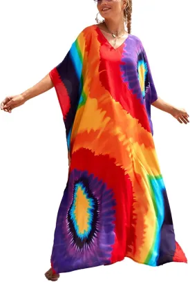 Kaftan Dresses for Women Plus Size Bathing Suit Cover up Batwing Sleeve Caftan Maxi Beach Dress