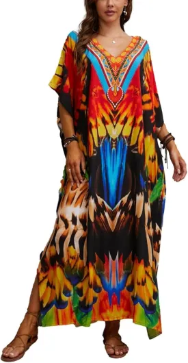 Kaftan Dresses for Women Plus Size Bathing Suit Cover up Batwing Sleeve Caftan Maxi Beach Dress