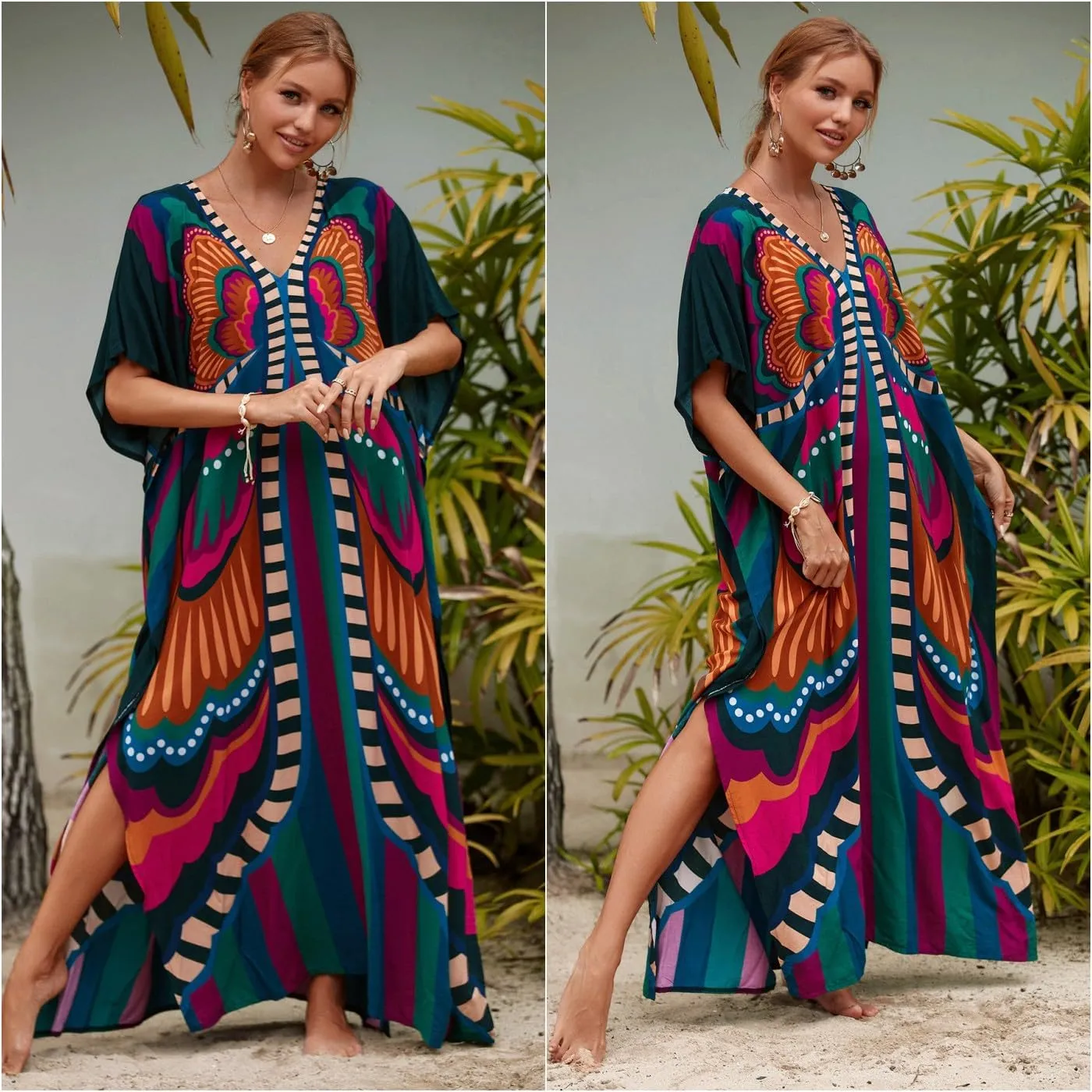 Kaftan Dresses for Women Plus Size Bathing Suit Cover up Batwing Sleeve Caftan Maxi Beach Dress