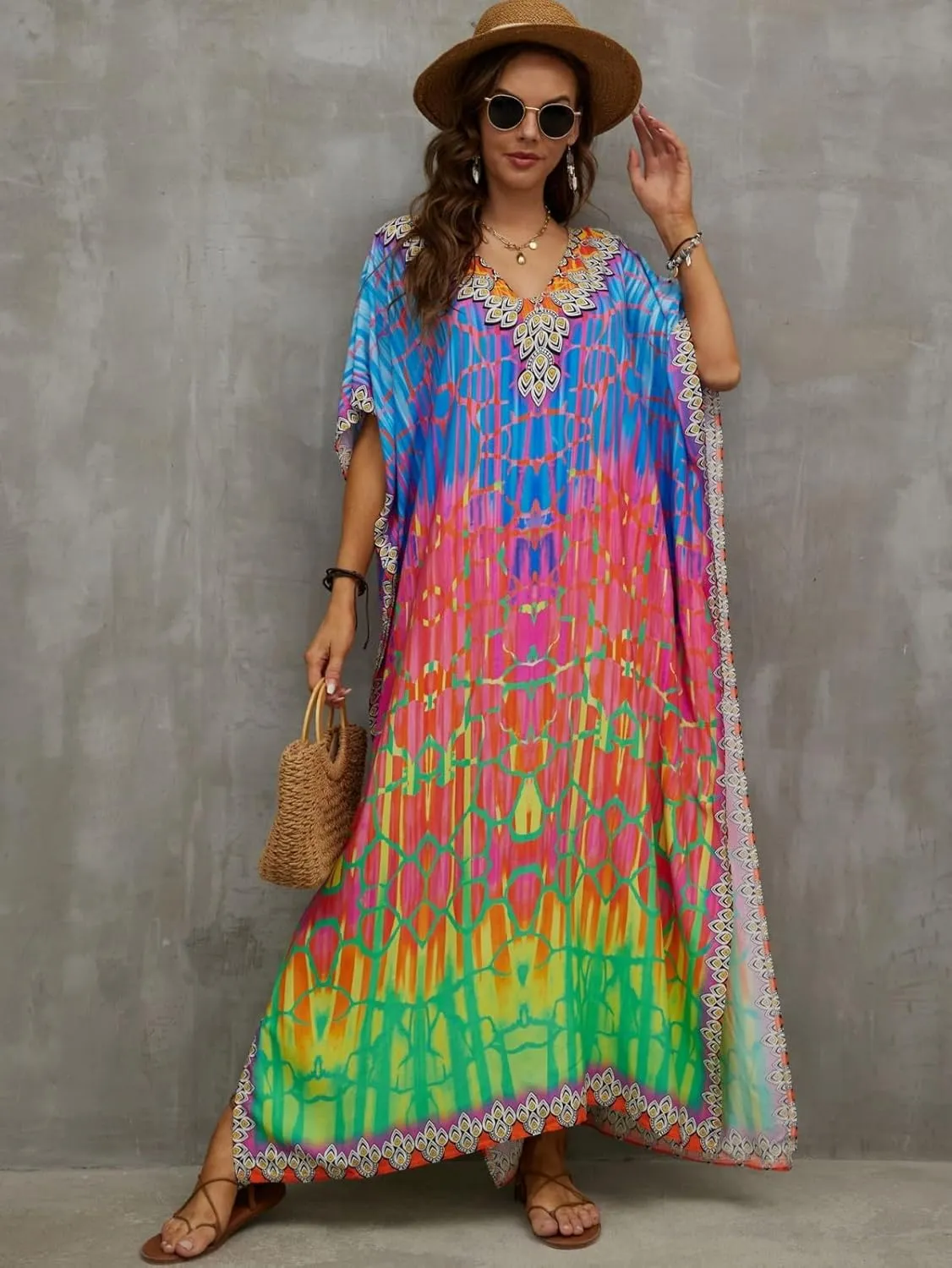 Kaftan Dresses for Women Plus Size Bathing Suit Cover up Batwing Sleeve Caftan Maxi Beach Dress