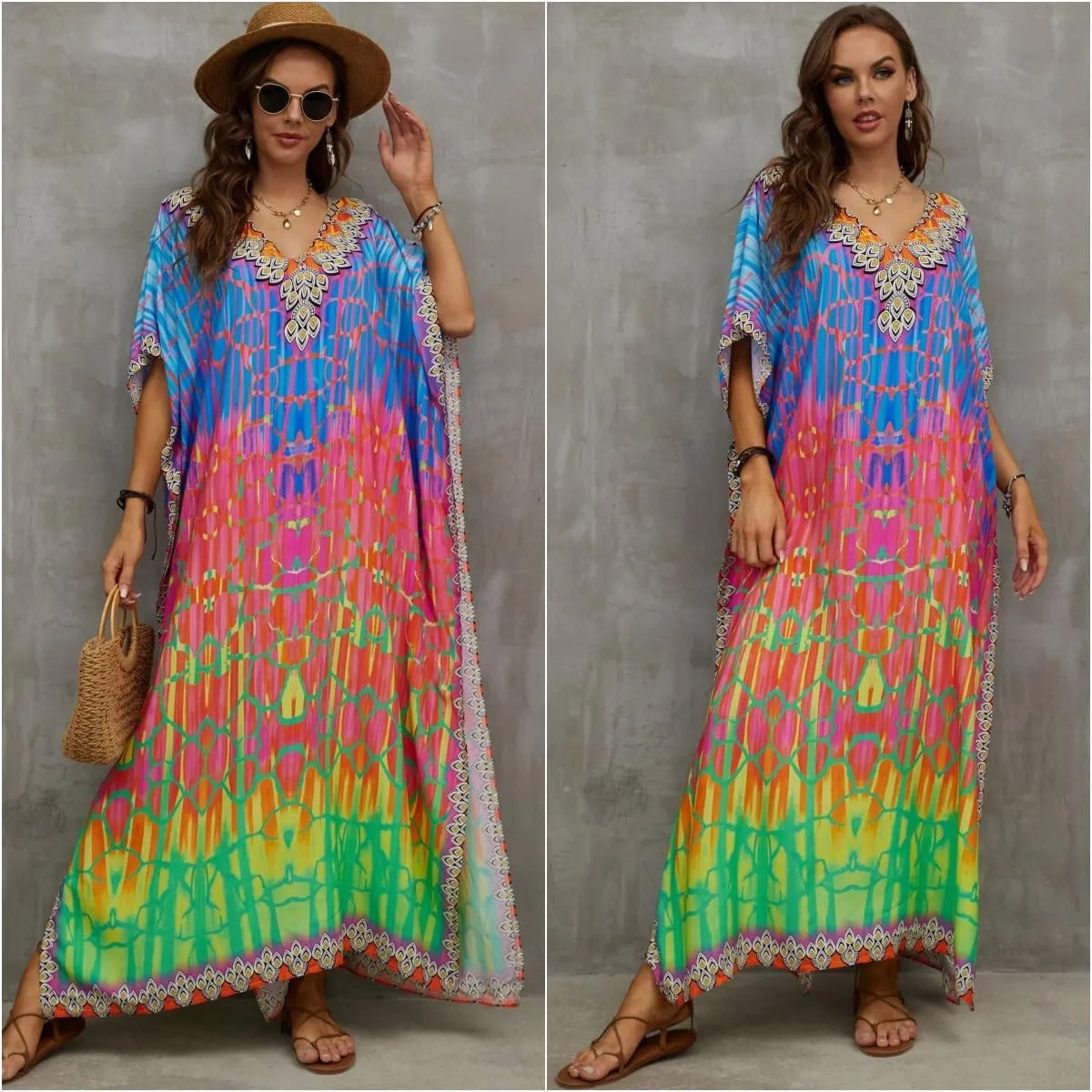 Kaftan Dresses for Women Plus Size Bathing Suit Cover up Batwing Sleeve Caftan Maxi Beach Dress