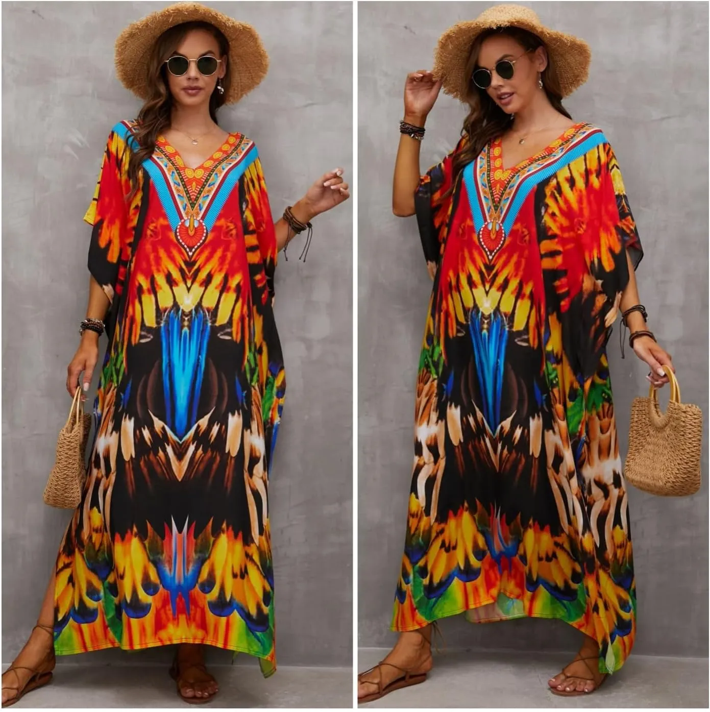 Kaftan Dresses for Women Plus Size Bathing Suit Cover up Batwing Sleeve Caftan Maxi Beach Dress