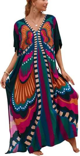 Kaftan Dresses for Women Plus Size Bathing Suit Cover up Batwing Sleeve Caftan Maxi Beach Dress