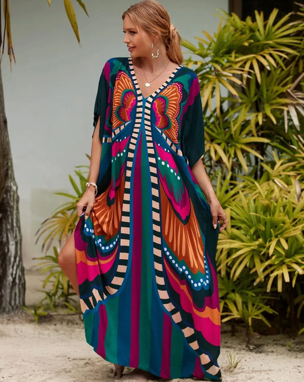 Kaftan Dresses for Women Plus Size Bathing Suit Cover up Batwing Sleeve Caftan Maxi Beach Dress