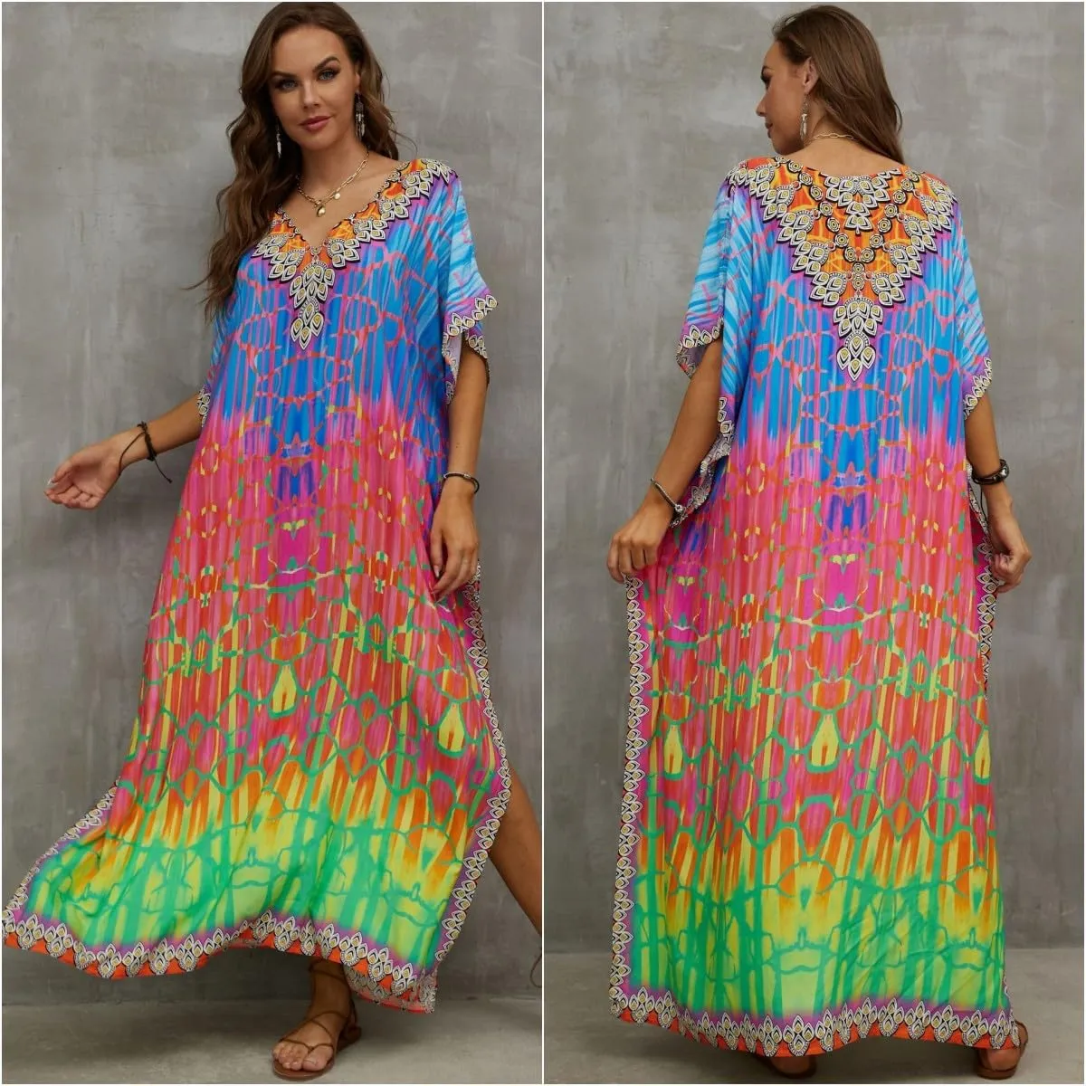 Kaftan Dresses for Women Plus Size Bathing Suit Cover up Batwing Sleeve Caftan Maxi Beach Dress