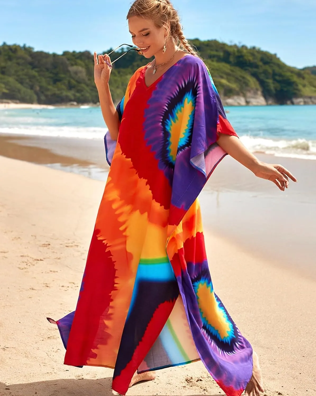 Kaftan Dresses for Women Plus Size Bathing Suit Cover up Batwing Sleeve Caftan Maxi Beach Dress
