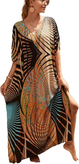 Kaftan Dresses for Women Plus Size Bathing Suit Cover up Batwing Sleeve Caftan Maxi Beach Dress