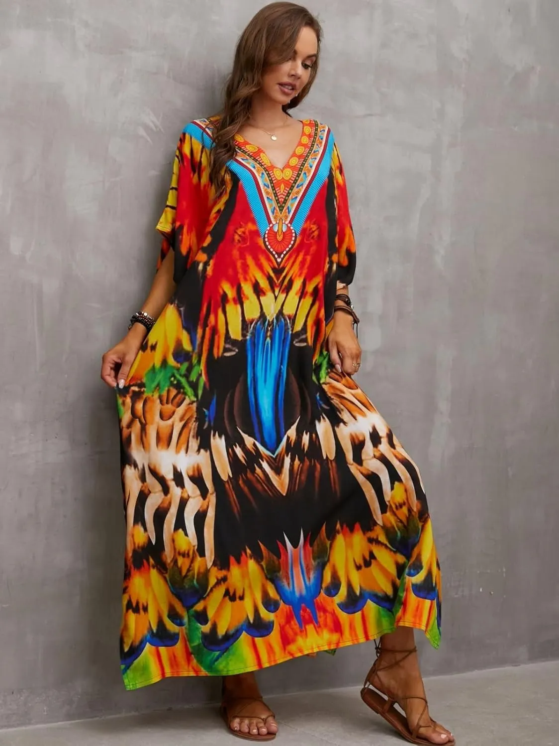 Kaftan Dresses for Women Plus Size Bathing Suit Cover up Batwing Sleeve Caftan Maxi Beach Dress
