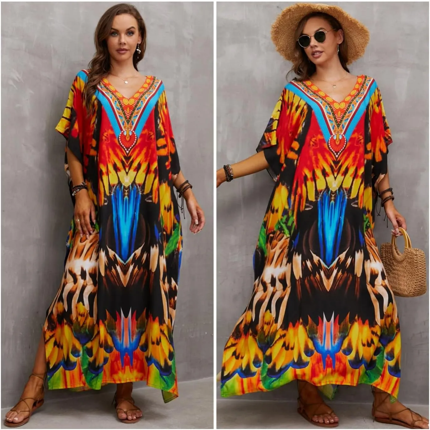 Kaftan Dresses for Women Plus Size Bathing Suit Cover up Batwing Sleeve Caftan Maxi Beach Dress
