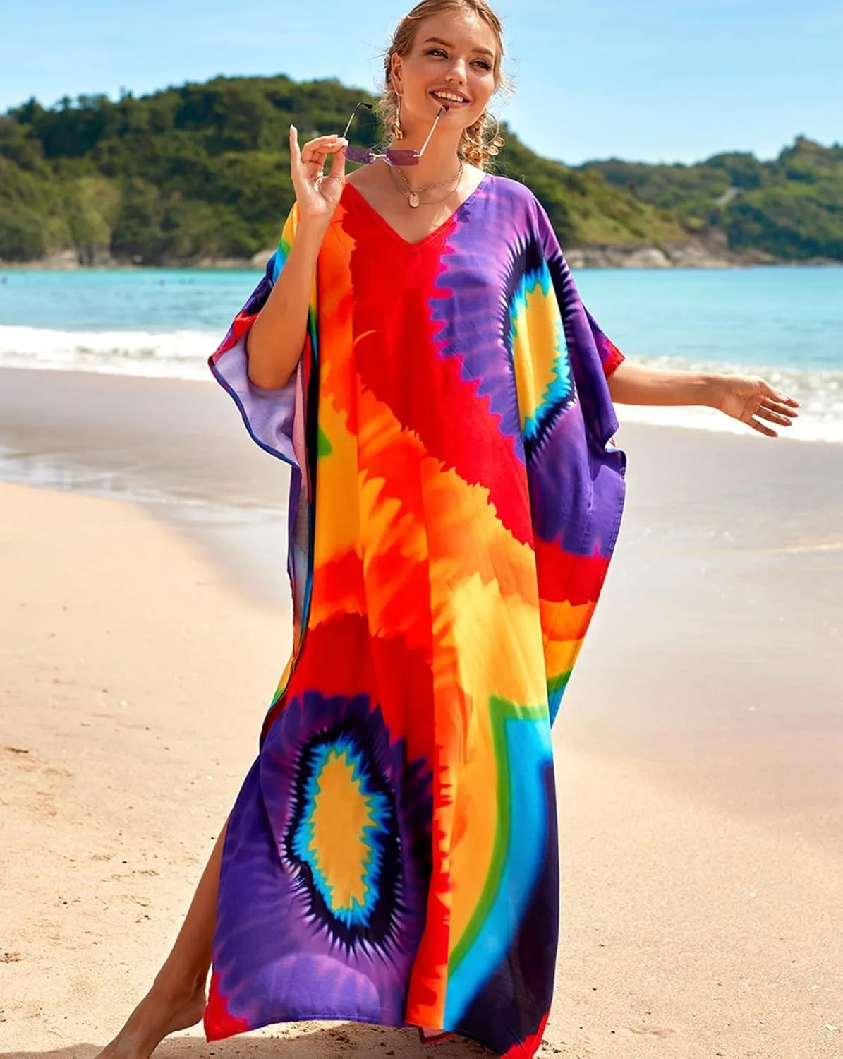 Kaftan Dresses for Women Plus Size Bathing Suit Cover up Batwing Sleeve Caftan Maxi Beach Dress