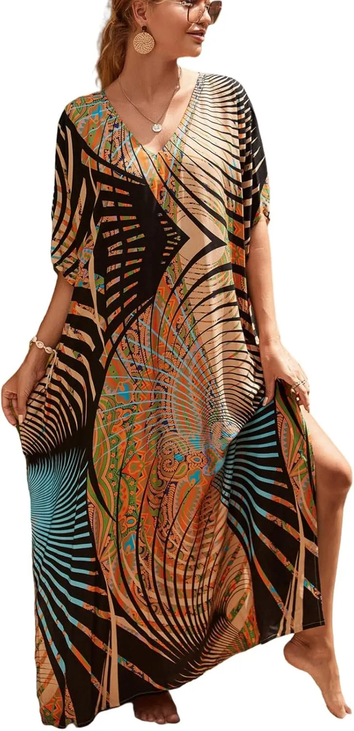 Kaftan Dresses for Women Plus Size Bathing Suit Cover up Batwing Sleeve Caftan Maxi Beach Dress