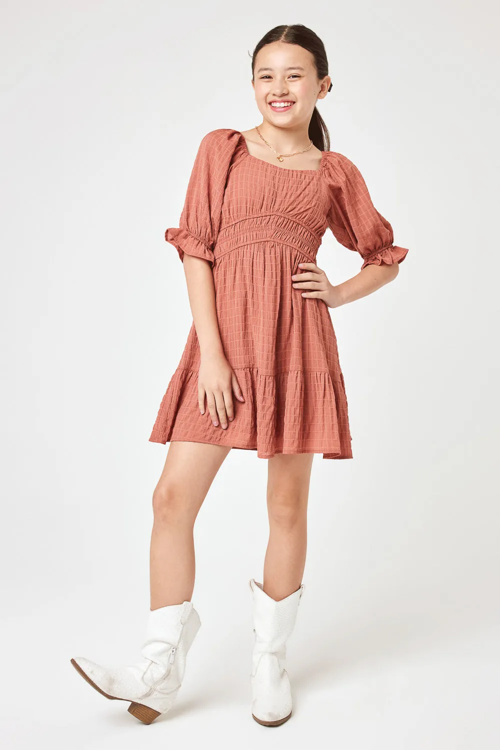 Kids Peach Puff Sleeve Dress