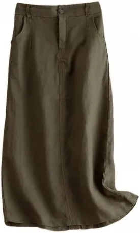 Kinghua Womens Linen Skirt Elastic High Waisted Casual Straight Cotton Linen Midi Skirt with Slit