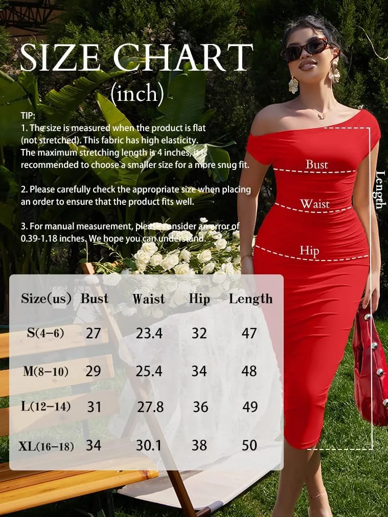 LAGSHIAN Women's Elegant One Shoulder Sleeveless Bodycon Ruched Party Cocktail Formal Midi Dress