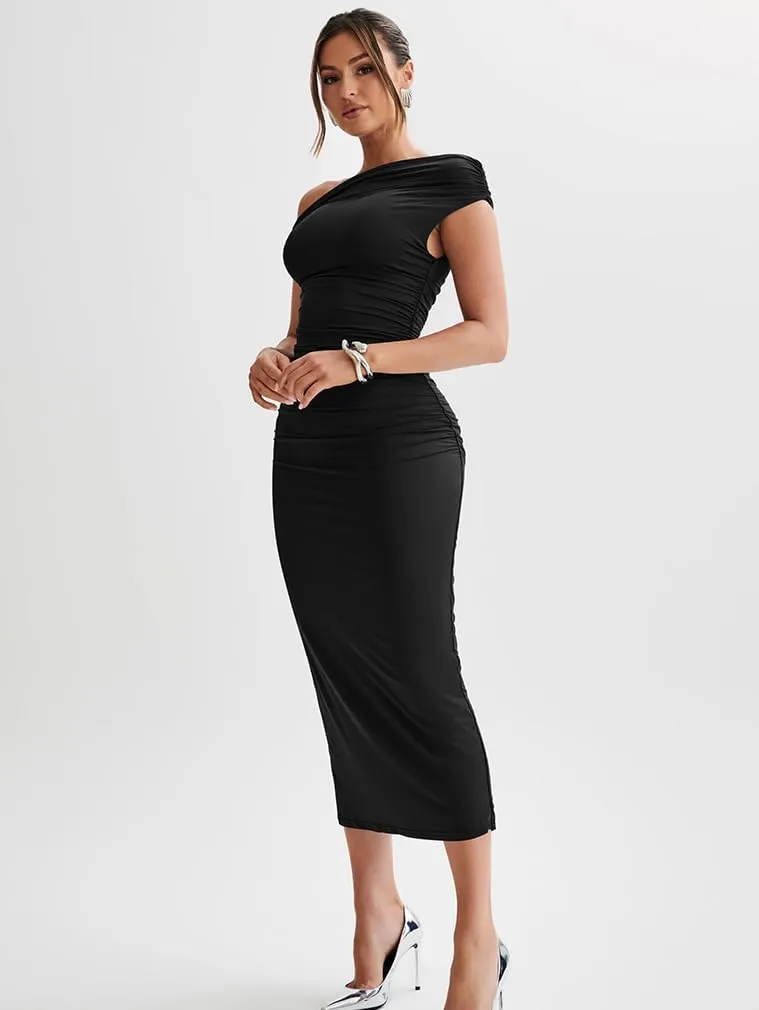 LAGSHIAN Women's Elegant One Shoulder Sleeveless Bodycon Ruched Party Cocktail Formal Midi Dress