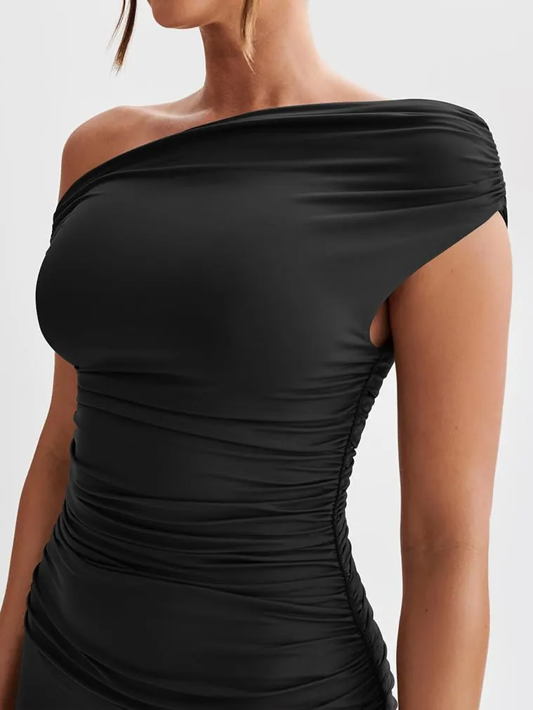 LAGSHIAN Women's Elegant One Shoulder Sleeveless Bodycon Ruched Party Cocktail Formal Midi Dress