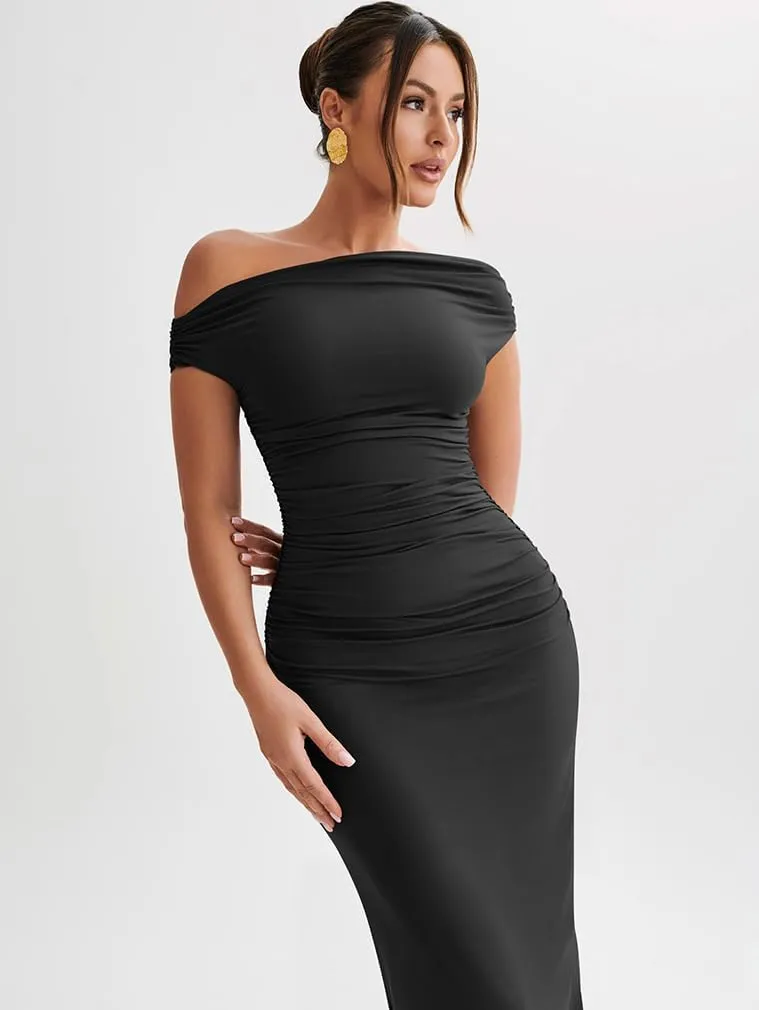 LAGSHIAN Women's Elegant One Shoulder Sleeveless Bodycon Ruched Party Cocktail Formal Midi Dress