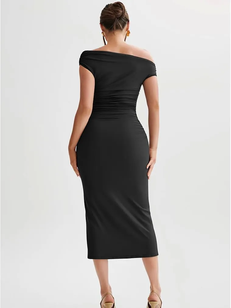 LAGSHIAN Women's Elegant One Shoulder Sleeveless Bodycon Ruched Party Cocktail Formal Midi Dress