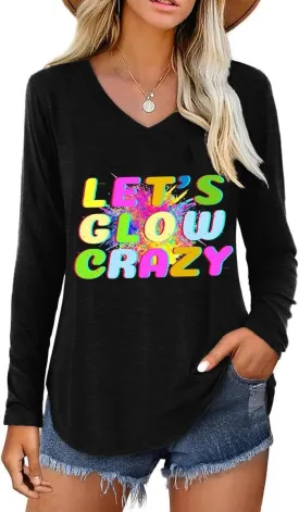 Let's Glow Crazy V-Neck Long-Sleeve T-Shirt for Women Vintage Colorful Letter Print 80's 90's Party Top