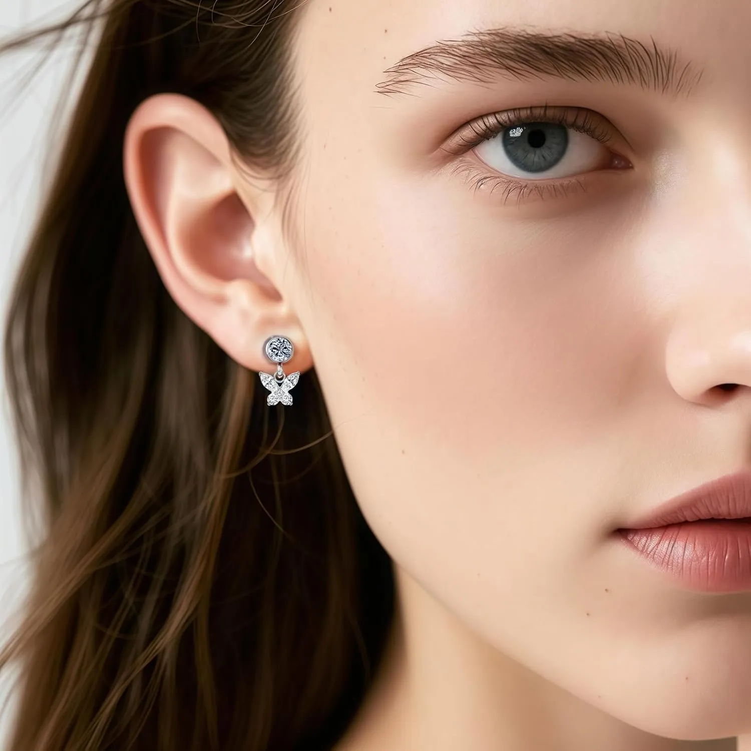 Limerencia Hypoallergenic F136 Titanium Cubic Zirconia Butterfly Drop Dangle Stud Earrings G23 for Women (Butterfly CZ Silver)
