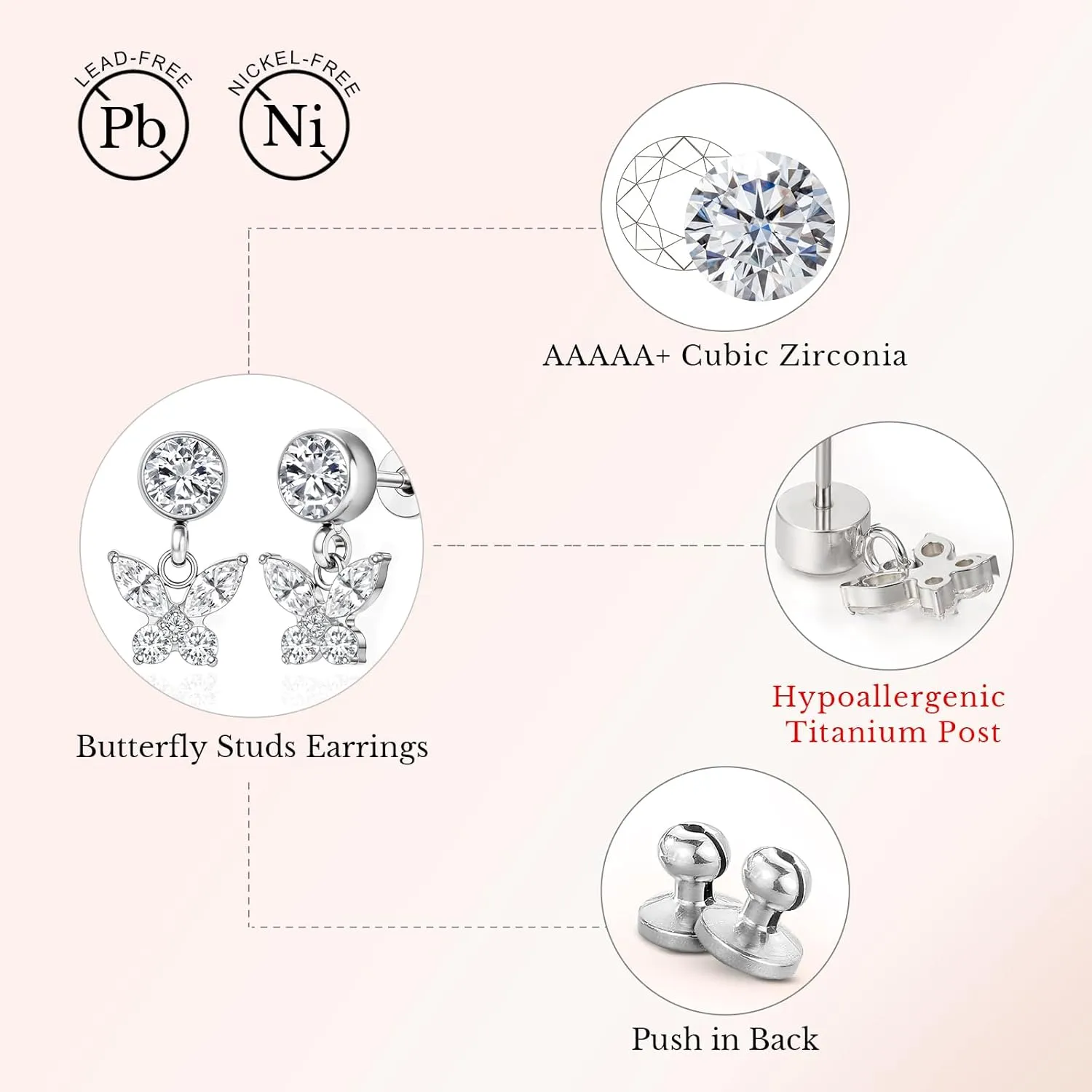Limerencia Hypoallergenic F136 Titanium Cubic Zirconia Butterfly Drop Dangle Stud Earrings G23 for Women (Butterfly CZ Silver)