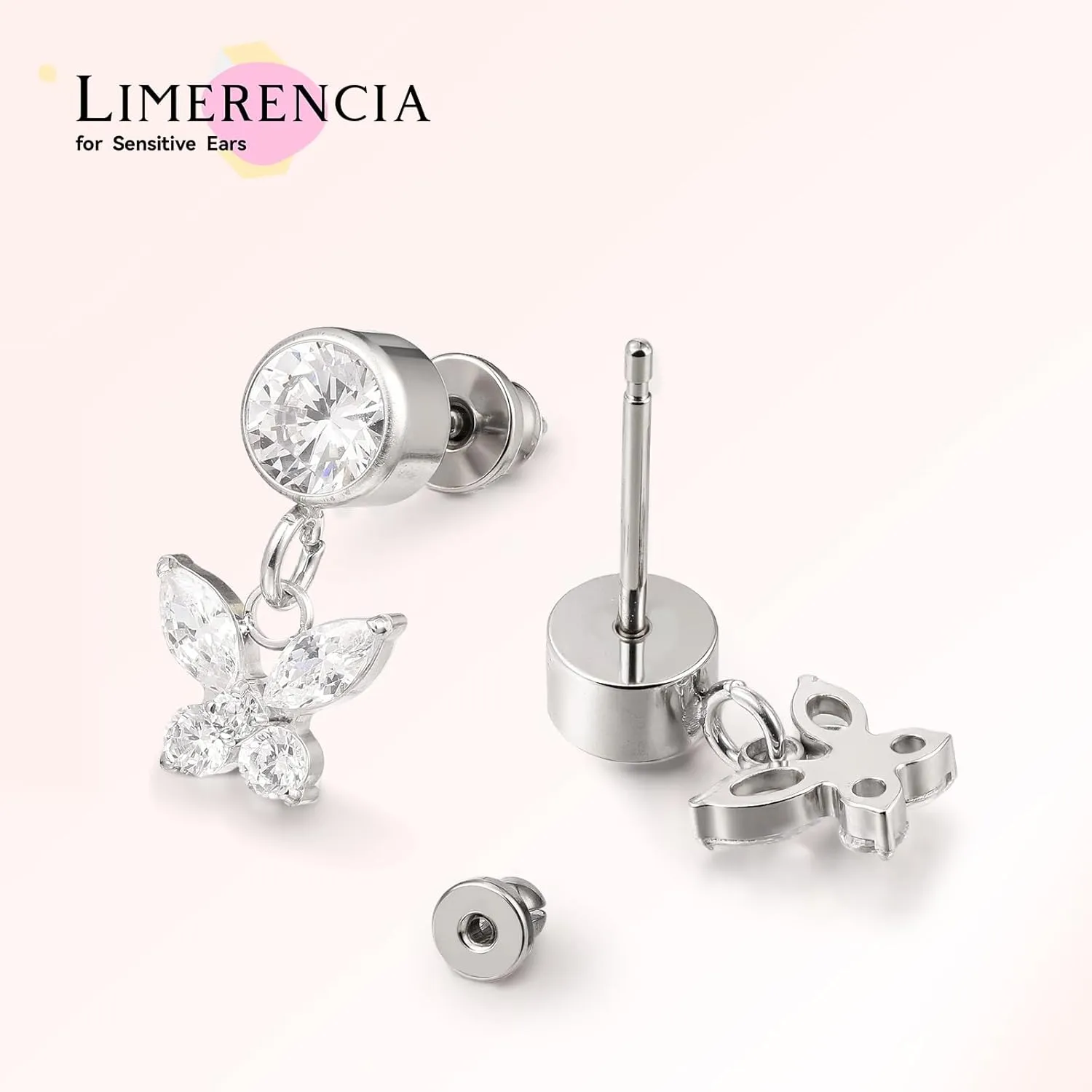 Limerencia Hypoallergenic F136 Titanium Cubic Zirconia Butterfly Drop Dangle Stud Earrings G23 for Women (Butterfly CZ Silver)