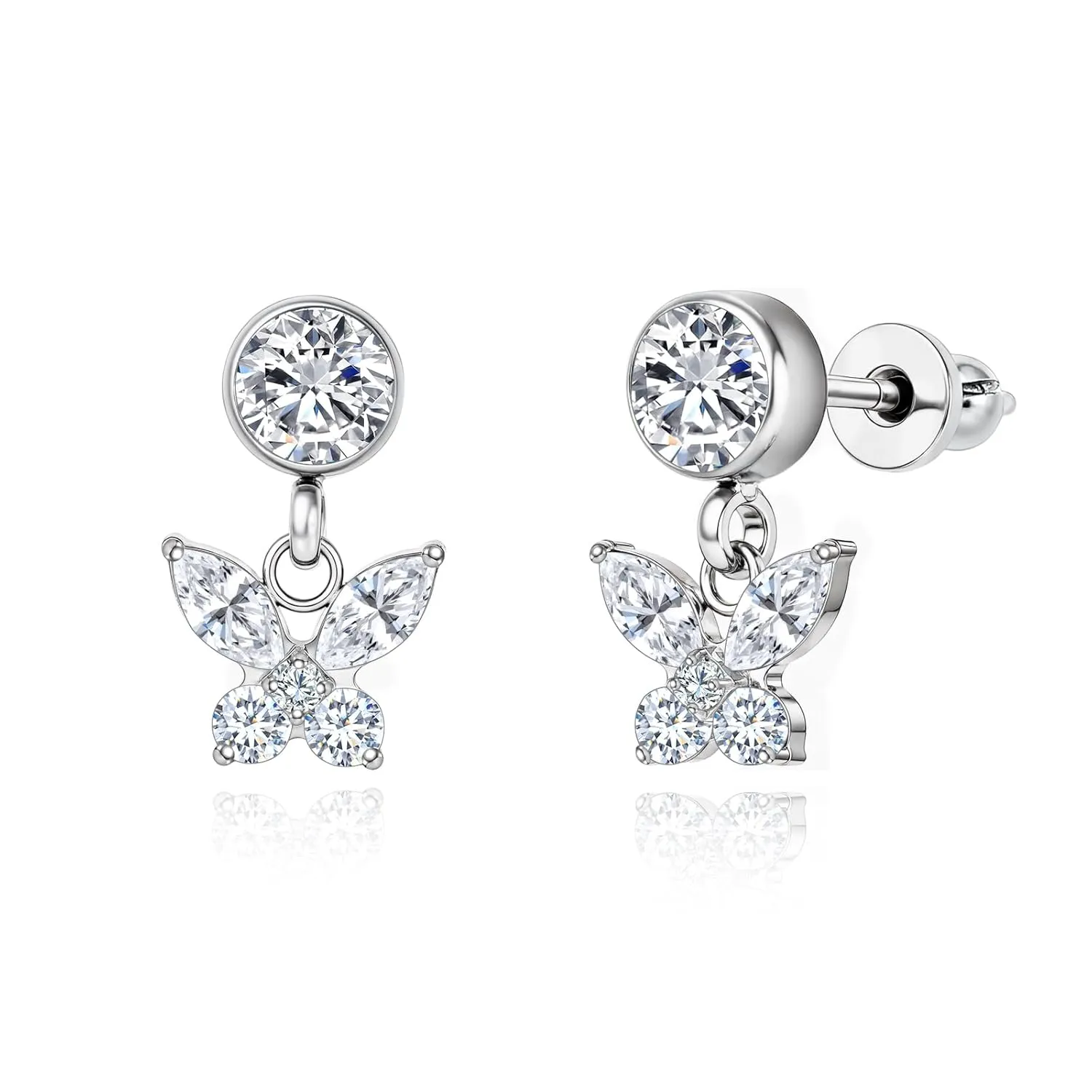 Limerencia Hypoallergenic F136 Titanium Cubic Zirconia Butterfly Drop Dangle Stud Earrings G23 for Women (Butterfly CZ Silver)