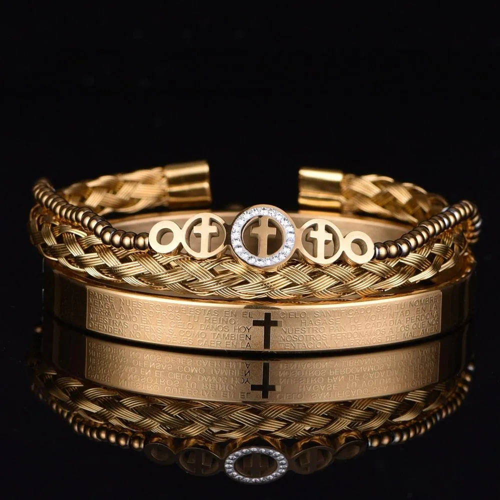 Luxury 3pcs Set Stainless Steel Bracelet  Micro Pave CZ Cross Hip Hop, Men Jewelry Charm Open Bangle Carving Spanish Scripture