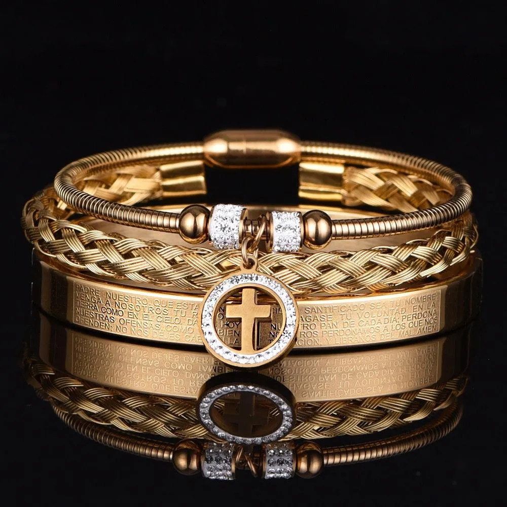 Luxury 3pcs Set Stainless Steel Bracelet  Micro Pave CZ Cross Hip Hop, Men Jewelry Charm Open Bangle Carving Spanish Scripture