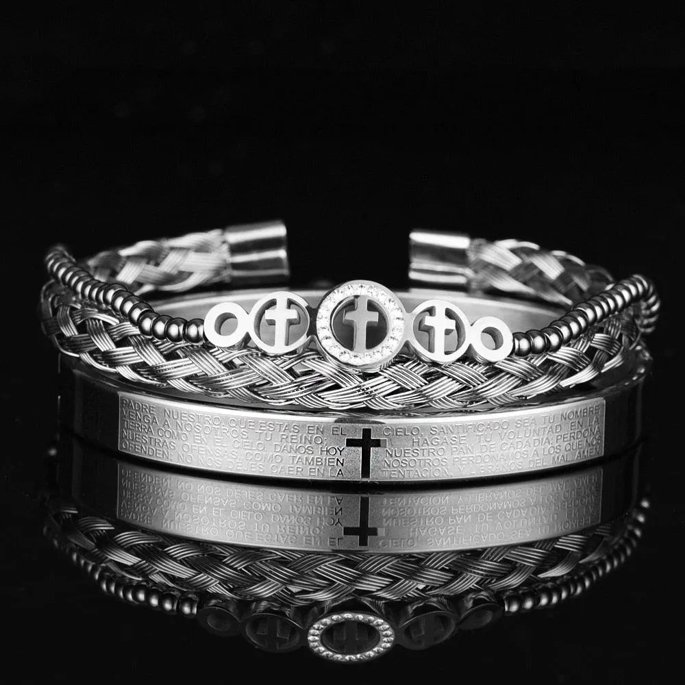Luxury 3pcs Set Stainless Steel Bracelet  Micro Pave CZ Cross Hip Hop, Men Jewelry Charm Open Bangle Carving Spanish Scripture