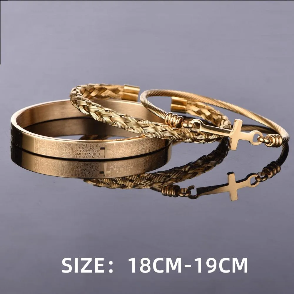 Luxury 3pcs Set Stainless Steel Bracelet  Micro Pave CZ Cross Hip Hop, Men Jewelry Charm Open Bangle Carving Spanish Scripture