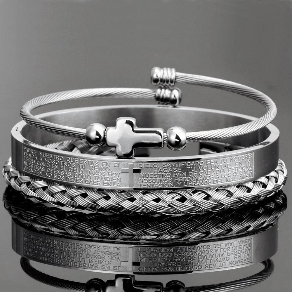 Luxury 3pcs Set Stainless Steel Bracelet  Micro Pave CZ Cross Hip Hop, Men Jewelry Charm Open Bangle Carving Spanish Scripture