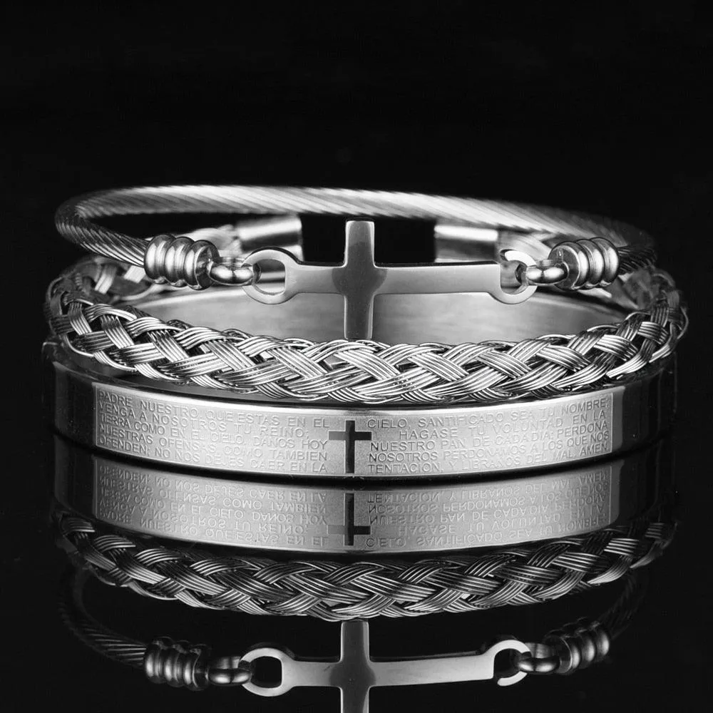 Luxury 3pcs Set Stainless Steel Bracelet  Micro Pave CZ Cross Hip Hop, Men Jewelry Charm Open Bangle Carving Spanish Scripture