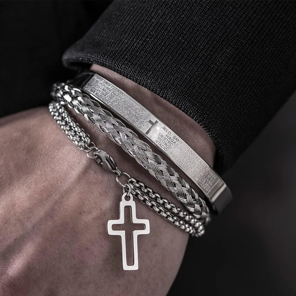 Luxury 3pcs Set Stainless Steel Bracelet  Micro Pave CZ Cross Hip Hop, Men Jewelry Charm Open Bangle Carving Spanish Scripture
