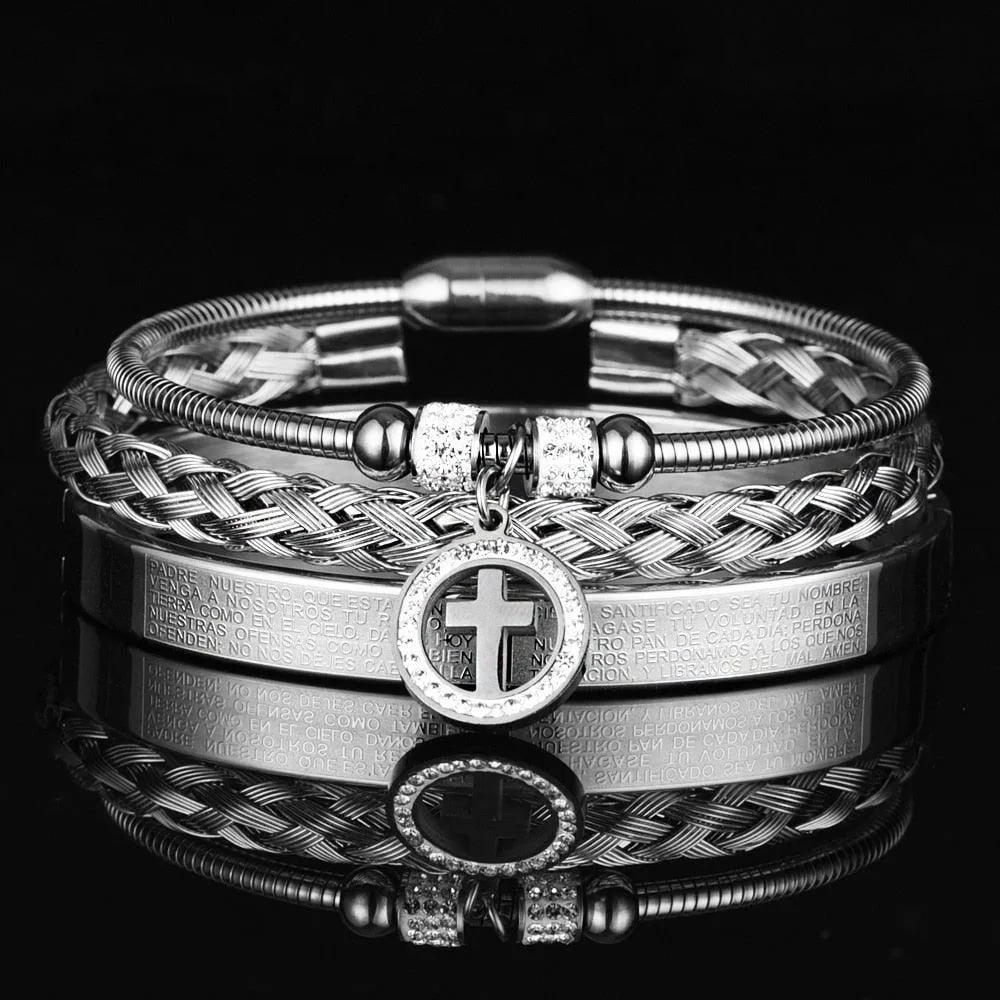 Luxury 3pcs Set Stainless Steel Bracelet  Micro Pave CZ Cross Hip Hop, Men Jewelry Charm Open Bangle Carving Spanish Scripture