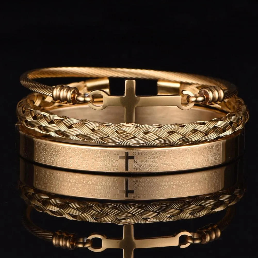 Luxury 3pcs Set Stainless Steel Bracelet  Micro Pave CZ Cross Hip Hop, Men Jewelry Charm Open Bangle Carving Spanish Scripture