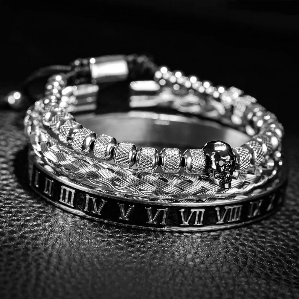 Luxury 3pcs/Set Skull Charm Black Men Bracelet, Stainless Steel  Men Enamel Bracelet