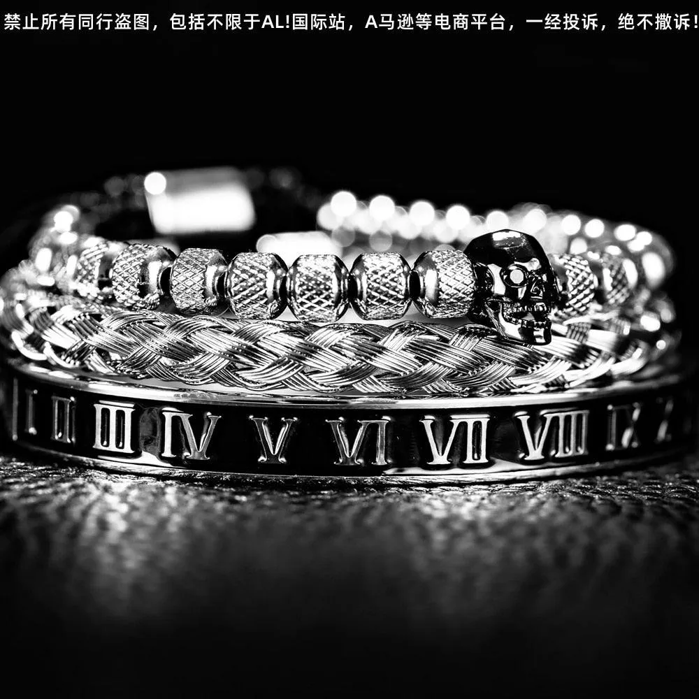 Luxury 3pcs/Set Skull Charm Black Men Bracelet, Stainless Steel  Men Enamel Bracelet