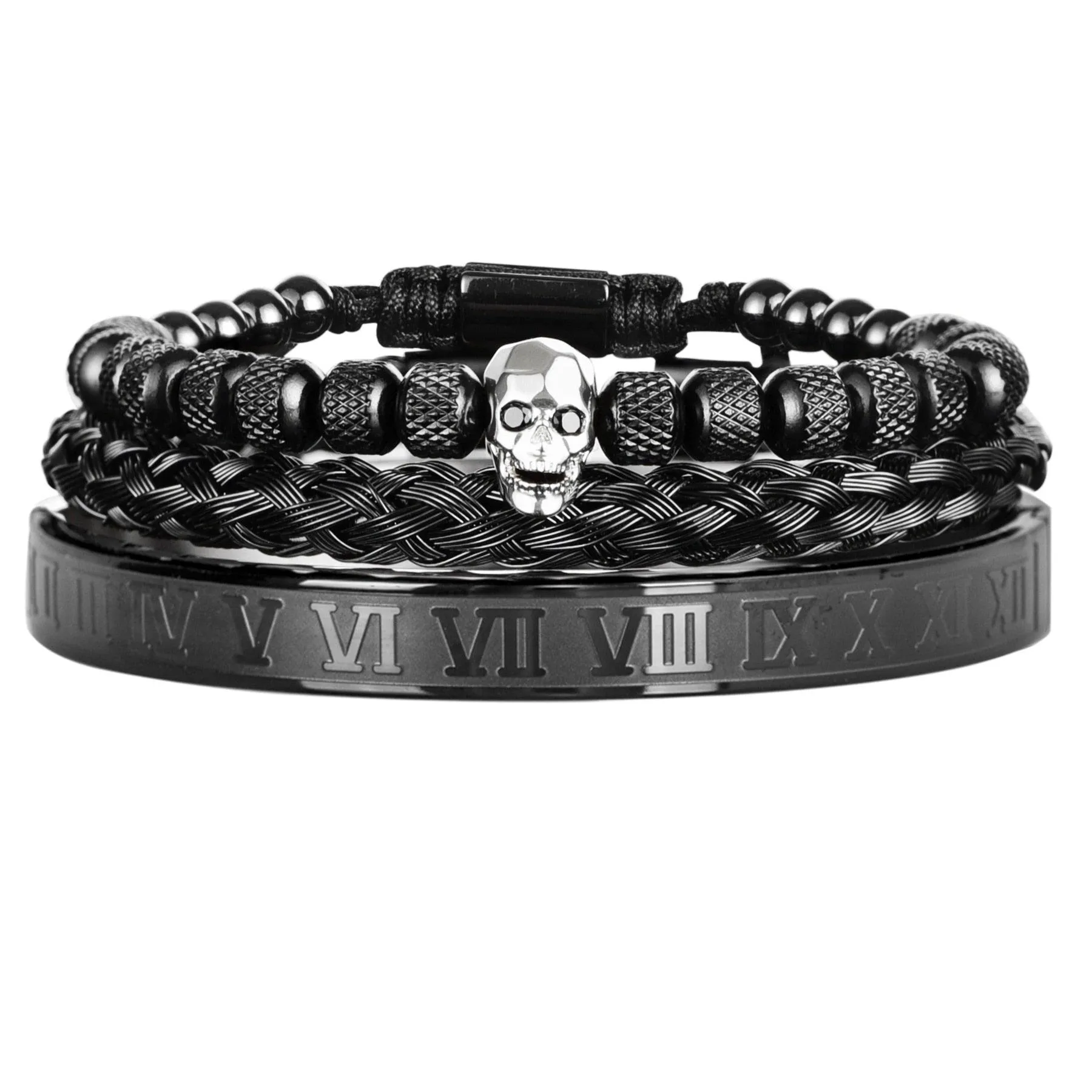 Luxury 3pcs/Set Skull Charm Black Men Bracelet, Stainless Steel  Men Enamel Bracelet