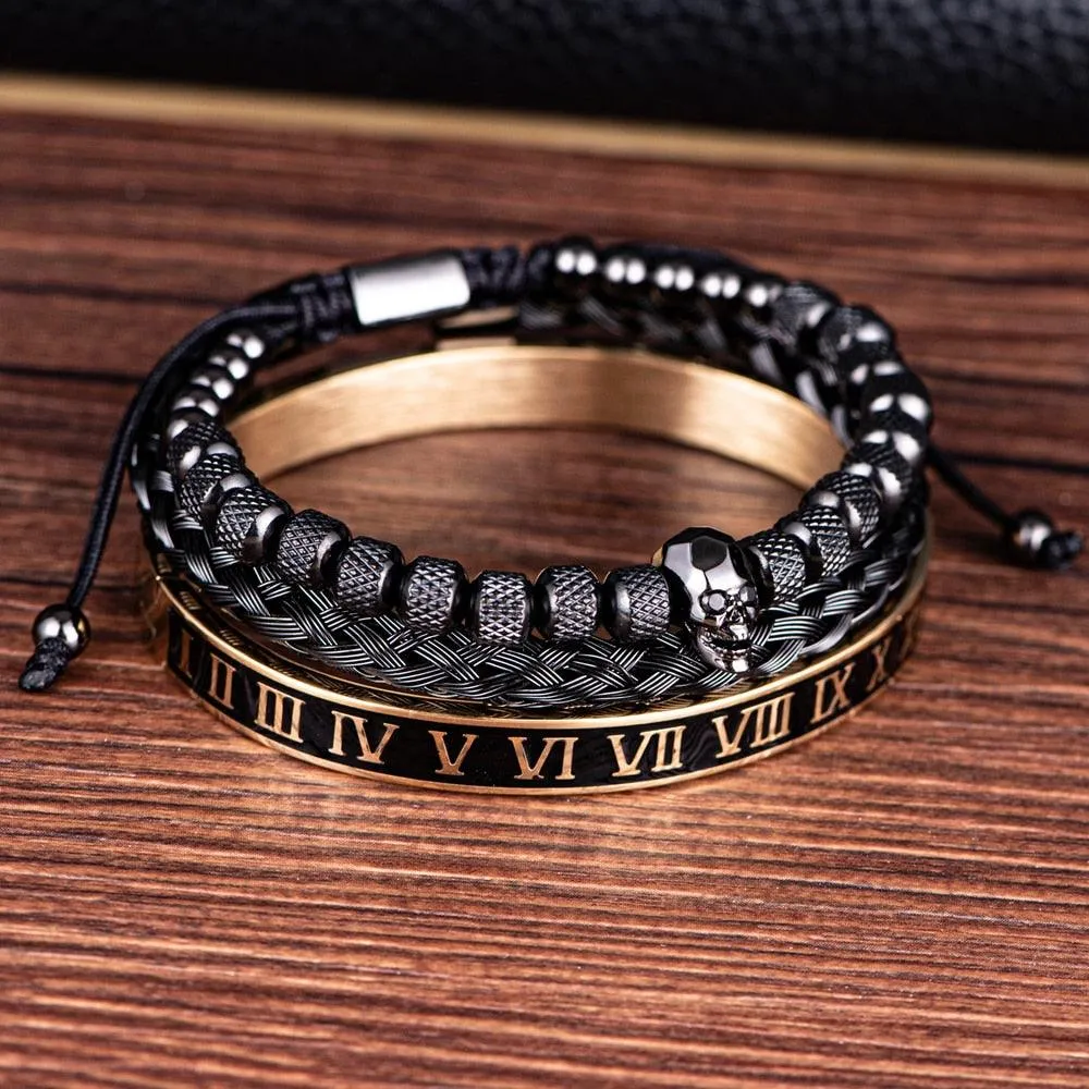 Luxury 3pcs/Set Skull Charm Black Men Bracelet, Stainless Steel  Men Enamel Bracelet
