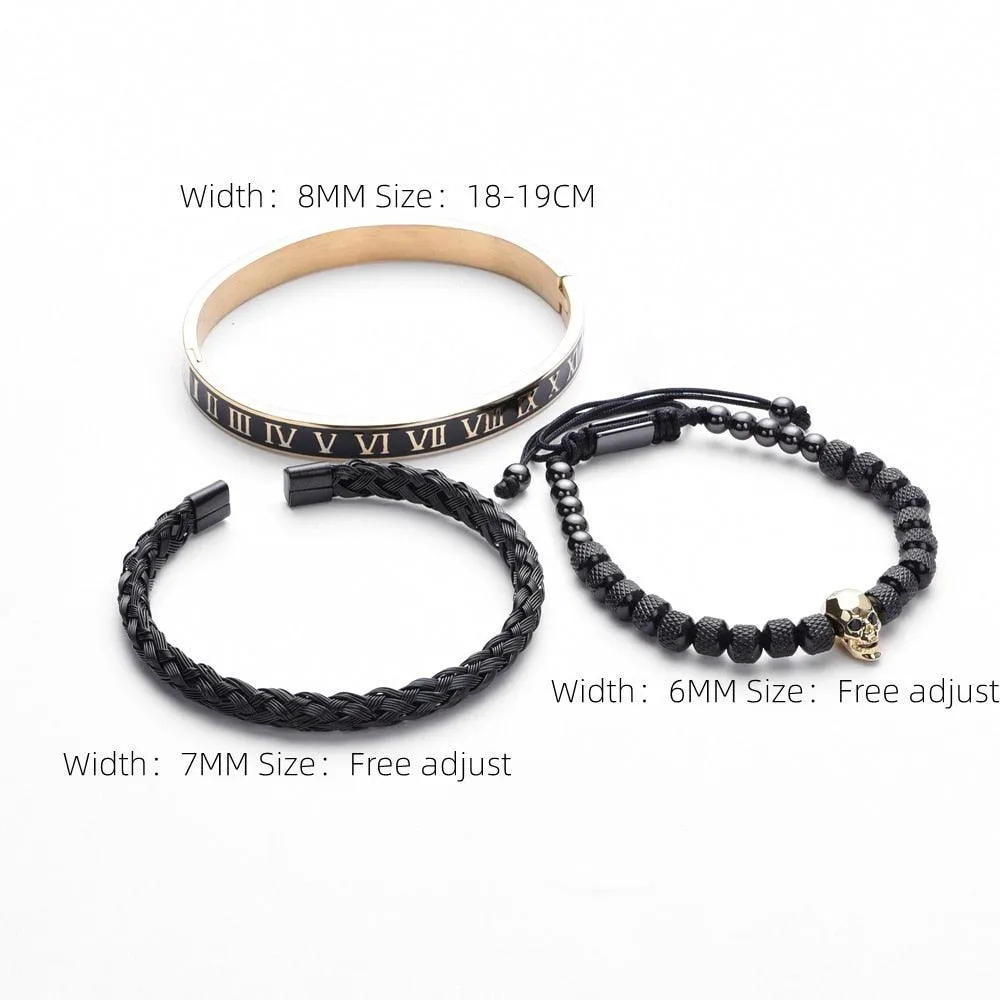 Luxury 3pcs/Set Skull Charm Black Men Bracelet, Stainless Steel  Men Enamel Bracelet
