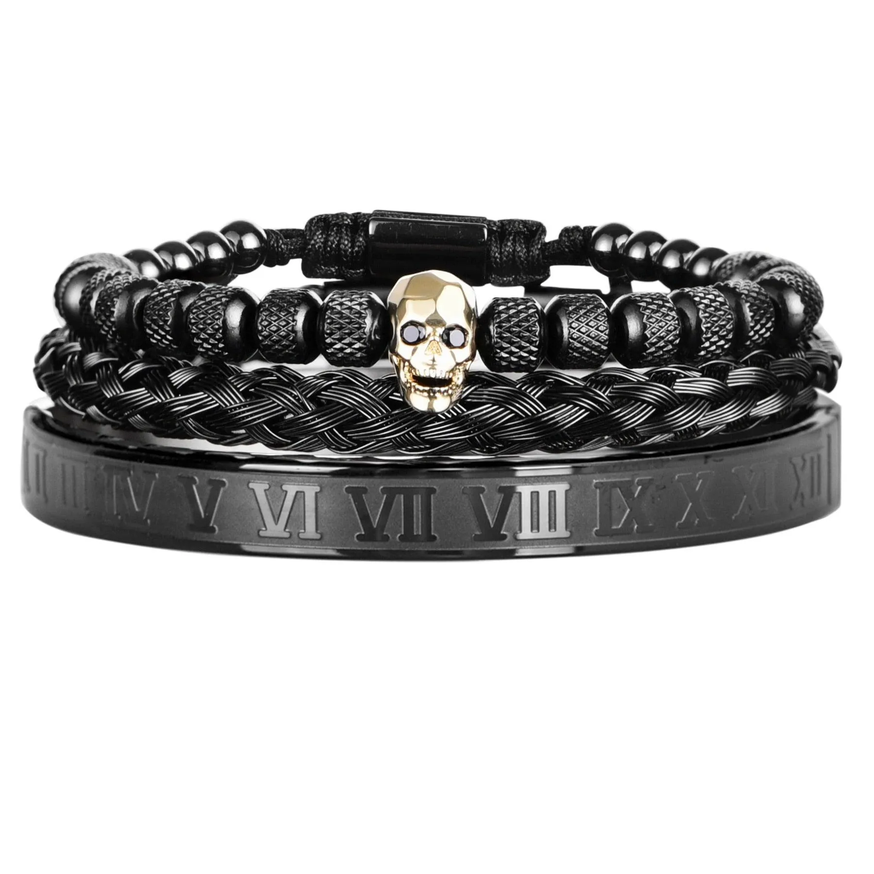 Luxury 3pcs/Set Skull Charm Black Men Bracelet, Stainless Steel  Men Enamel Bracelet