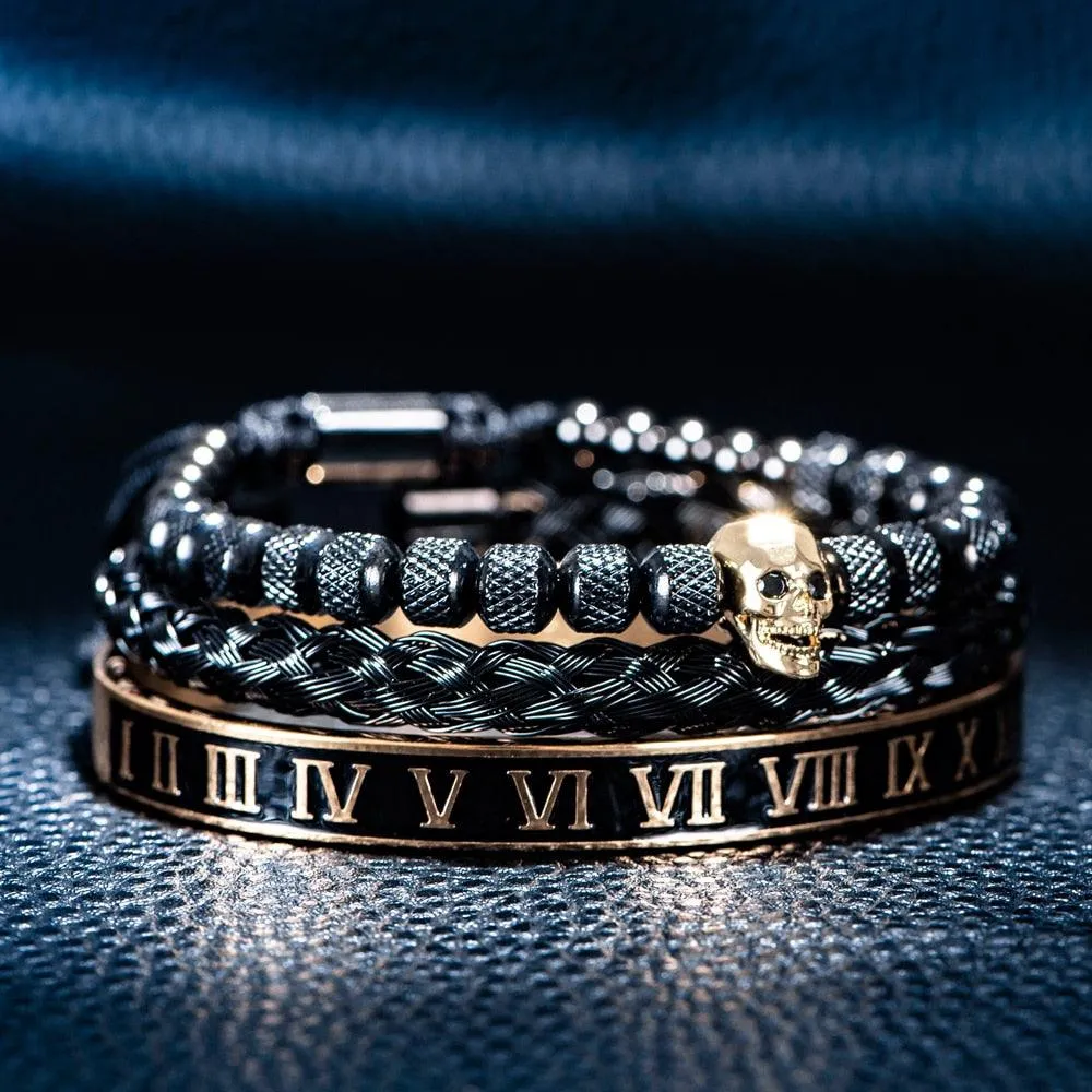 Luxury 3pcs/Set Skull Charm Black Men Bracelet, Stainless Steel  Men Enamel Bracelet