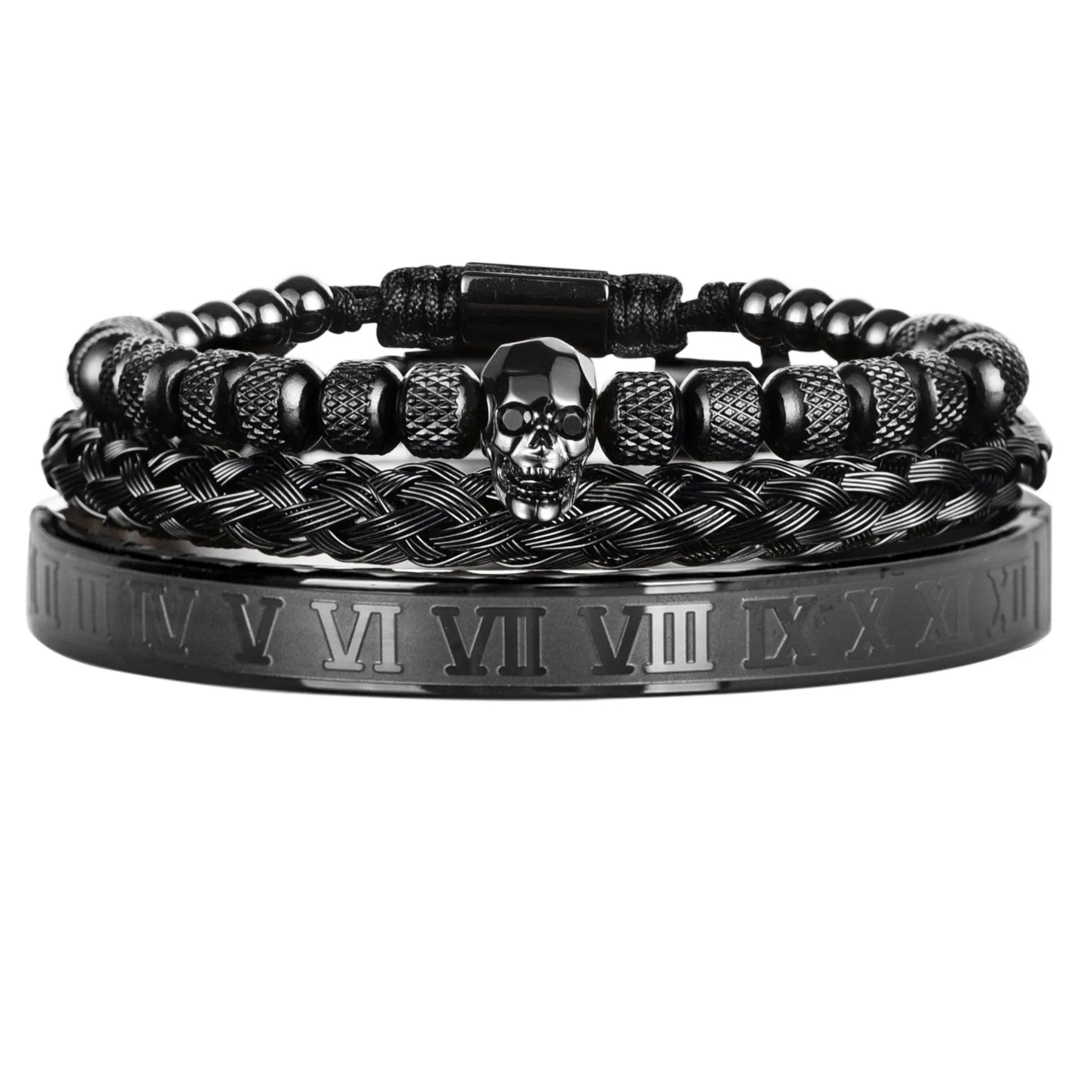 Luxury 3pcs/Set Skull Charm Black Men Bracelet, Stainless Steel  Men Enamel Bracelet