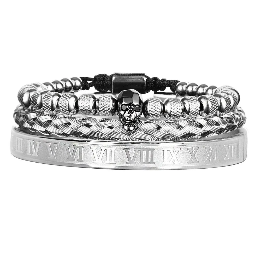 Luxury 3pcs/Set Skull Charm Black Men Bracelet, Stainless Steel  Men Enamel Bracelet