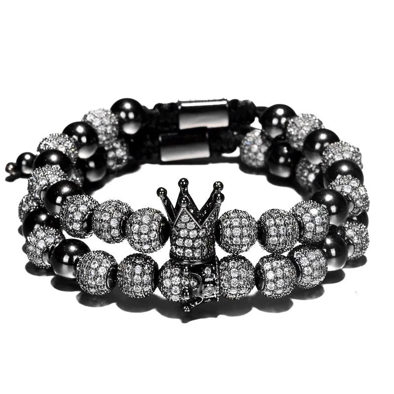 Luxury Crown Charm Men Bracelets, 8mm Micro Pave CZ Round Braided Men Bracelet